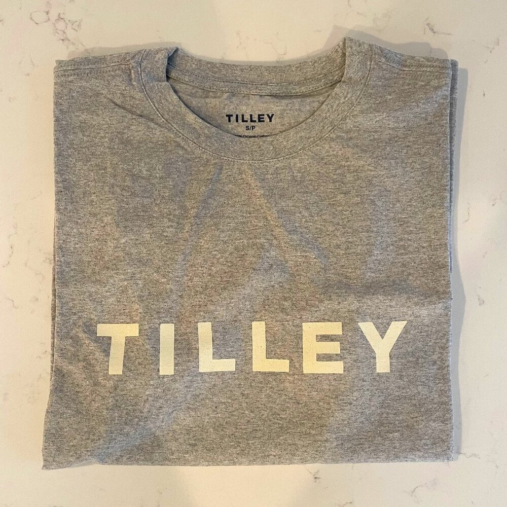 Tilley SS Casual Boyfriend Cut 100% Organic Cotton T Shirt Grey + White NIB